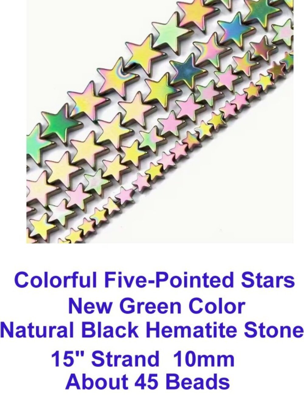 Colorful Five-Pointed Stars New Green Color Natural Hematite Stone 15" - 10mm